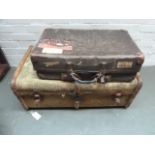 A vintage canvas trunk with wood strappings 81cmW with a vintage Revelation suitcase