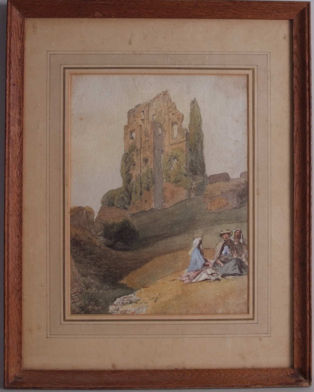 English School, 19th Century, Ladies picnicking at Corfe Castle, watercolour on paper, framed, - Image 4 of 5