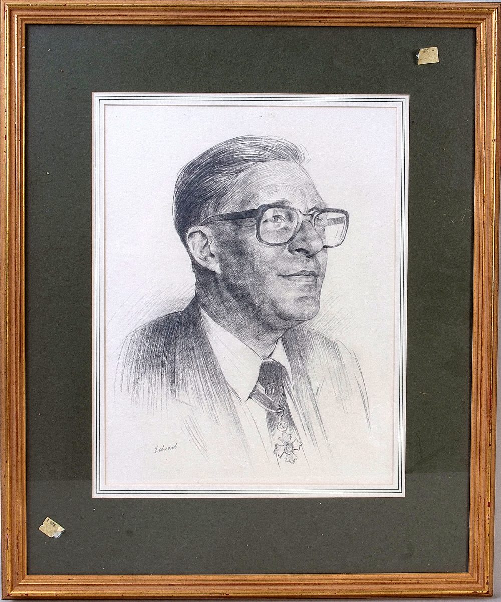 John Edwards RP, RA, SWLA 20th Century, Portrait of Barry Orton Sherlock, CBE 1932, pencil on paper, - Image 2 of 2