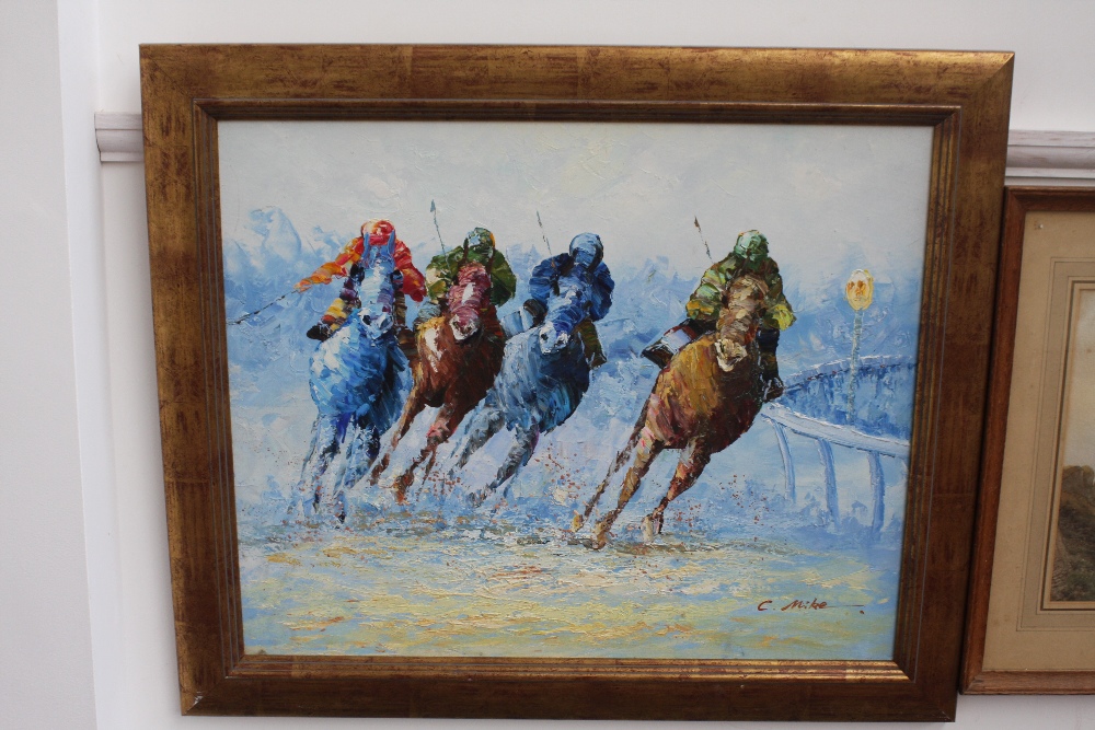 English School, Horse Racing, oil on board, signed 'C.