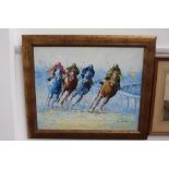 English School, Horse Racing, oil on board, signed 'C.