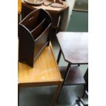 A stained wood square pot stand with undershelf, an oak magazine rack,