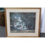 A Corot print of a landscape with trees and a stone riverside house, framed,