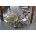 A selection of glass lamp shades to include two pink, green and clear glass oil lamp tops,