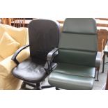 Two office chairs, one with green cover,