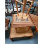 A square pine coffee tbale, a pine stool,