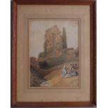 English School, 19th Century, Ladies picnicking at Corfe Castle, watercolour on paper, framed,
