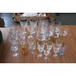 A quantity of glass ware to include various coloured glasses, sherry, wine,