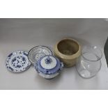 A quantity of glass and ceramics to include a large blue and white china tureen dish and cover,