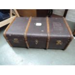 A vintage travel trunk with wood strappings and twin leather side handles 91cmW