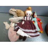 A collection of vintage toys to include a mohair bunny,