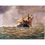 A. Jennings 19th Century, A tea clipper in rough seas, oil on canvas (torn) unframed, 37 x 49cm.