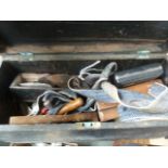 A 19th century pine toolbox 61cmW with a selection of vintage tools to include plough plane,