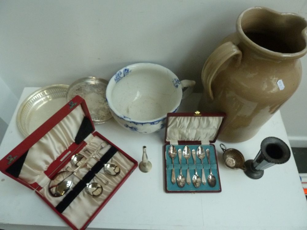 A mixed lot of a stoneware jug, a ceramic bed pan, with silver plated items including a vase,