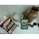 A mixed lot of a stoneware jug, a ceramic bed pan, with silver plated items including a vase,