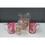 A quantity of decorative glass to include two Mary Gregory style glasses with cranberry glass