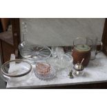 A quantity of mixed glassware including decanter, cake stand,