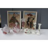 A mixed lot of glass and ceramics to include two cranberry and clear glass trinket dishes and