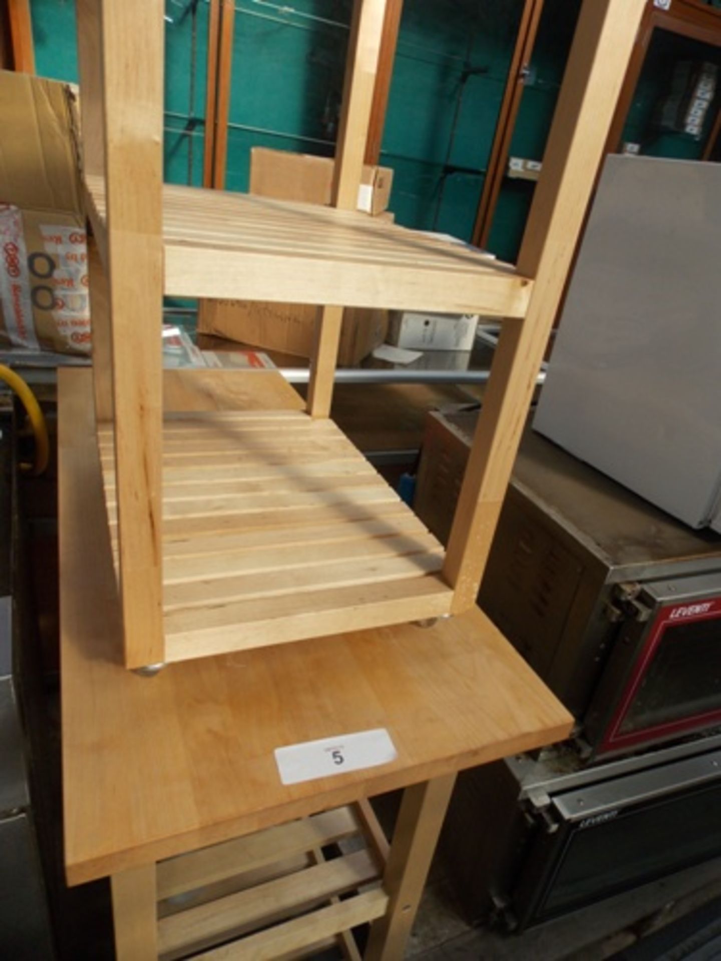 A beech trolley with 2 drawers and 2 shelves, 43 x 100 x 90cm, together with a beech 3 tier trolley,