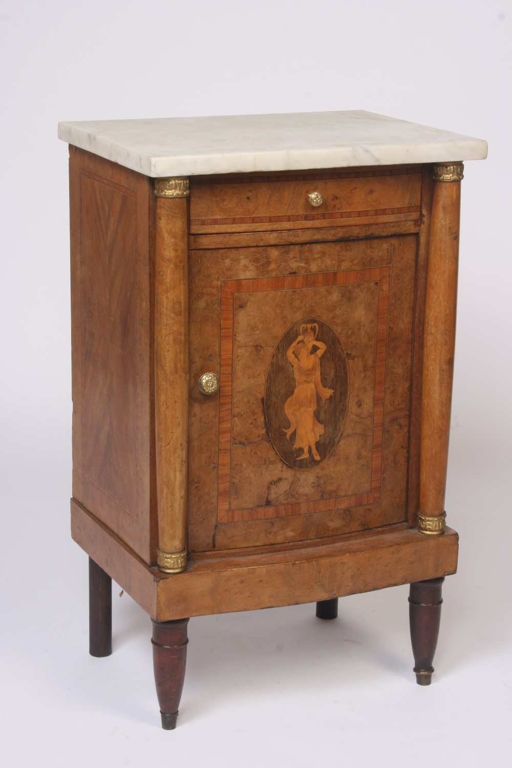 A 19th Century French walnut and satinwood cross-banded marble top bedside cupboard,