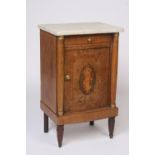 A 19th Century French walnut and satinwood cross-banded marble top bedside cupboard,