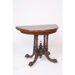 A Victorian burr walnut and inlaid demi lune shaped card table,