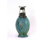 A blue glazed Raku burner, with plated stand,