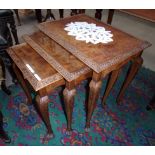 Nest of 3 walnut coffee tables with glas