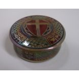 A Pilkingtons Royal Lancastrian circular box and cover decorated with an heraldic shield and scale