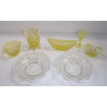 Pressed glass vase in pearlised primrose and circular dishes [7]. Further Information The