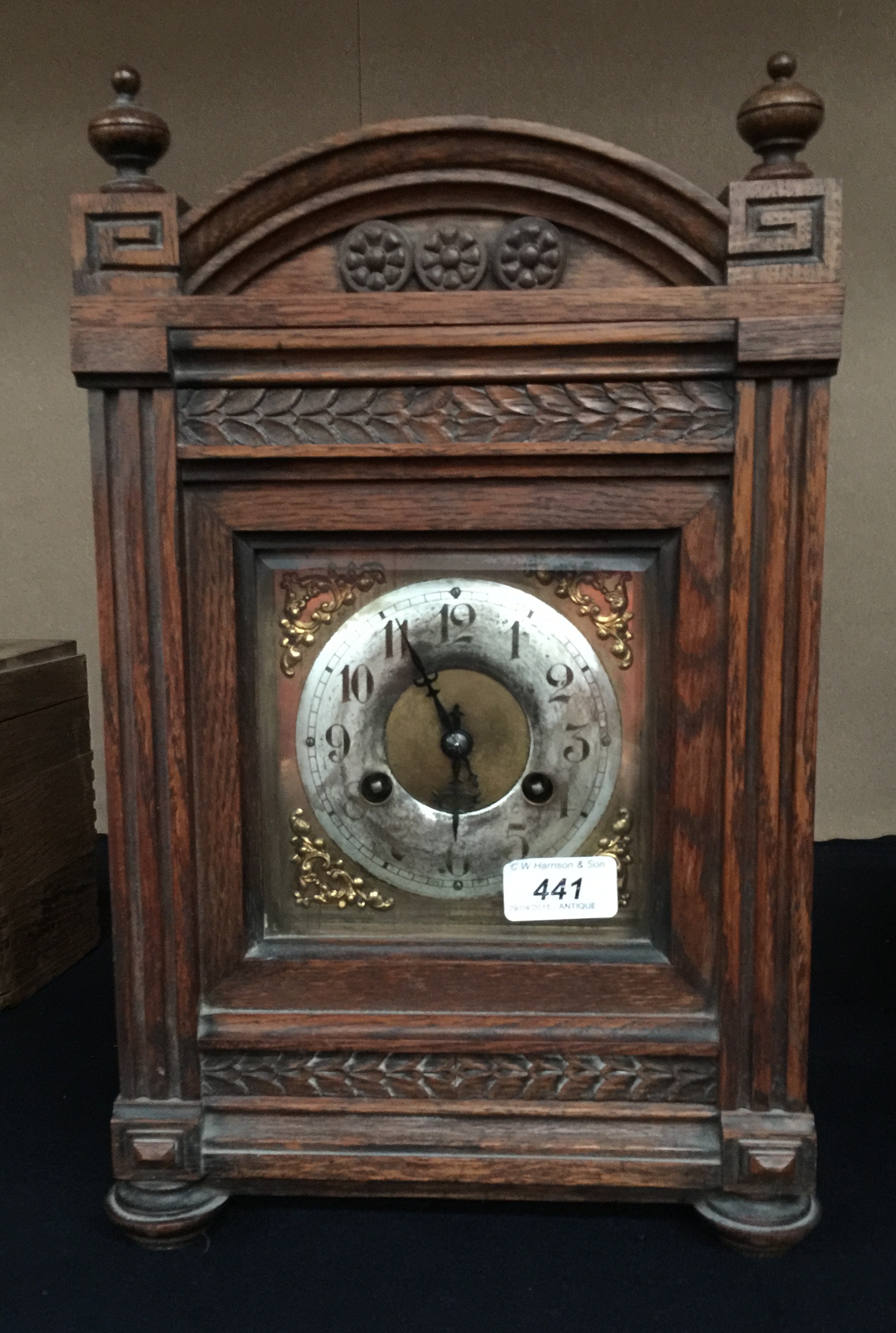 An oak cased mantel clock with carved ar - Image 2 of 2