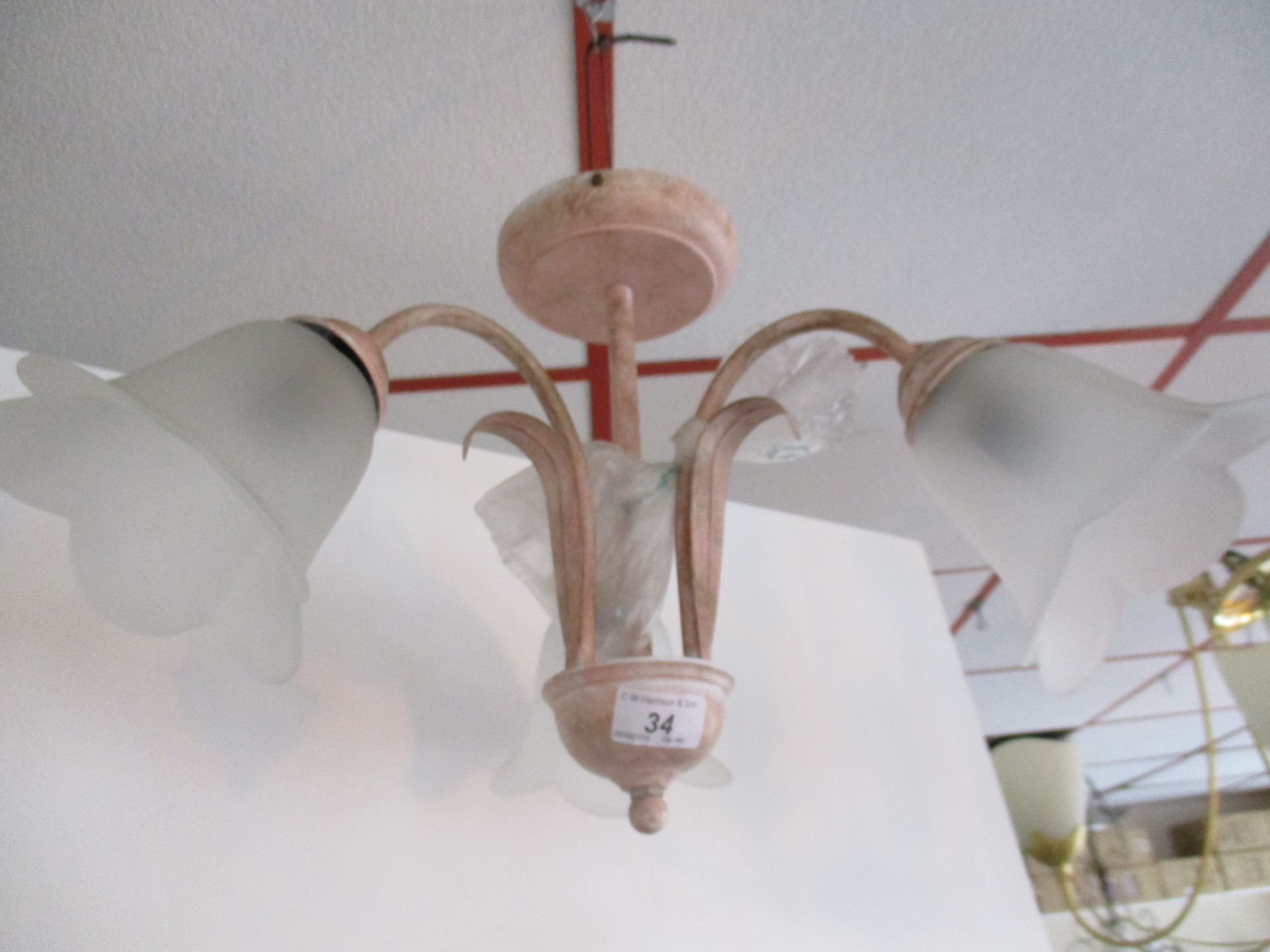 Decorative pink distressed finish three stem ceiling light with floral design glass shades RRP £50