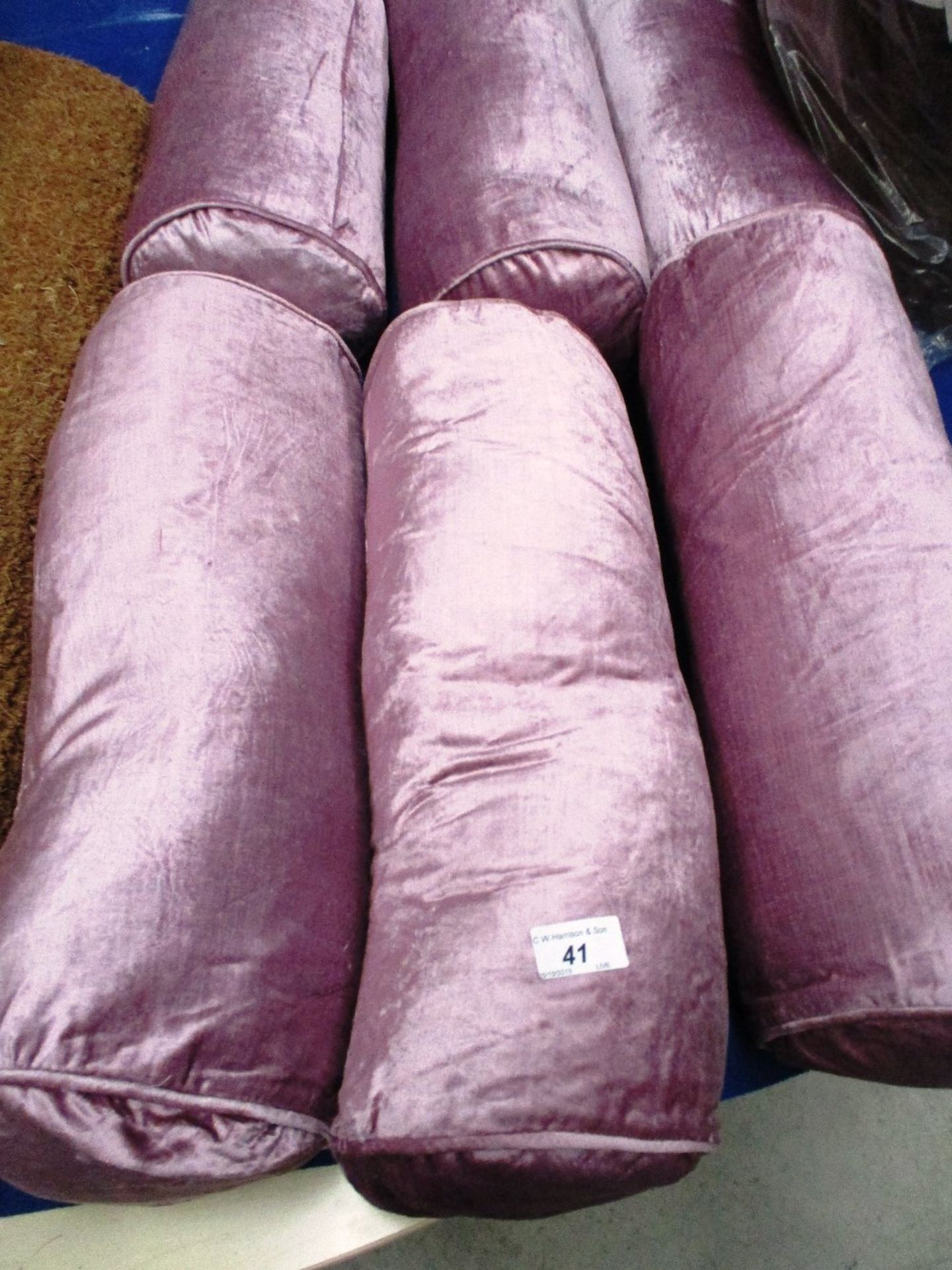 6 x purple velvet finish bolster cushions