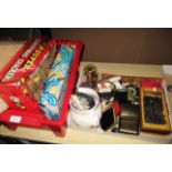 Contents to 2 trays - costume jewellery, stop watch, clocks, jug, pens, Montine watch,