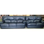 Blue leather 2 piece suite comprising 3 seater and 2 seater settees