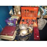 Contents to part of table plated candelabra, plated teapot, other plated ware,