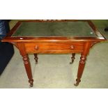 A mahogany single drawer side table with green leather effect incised top