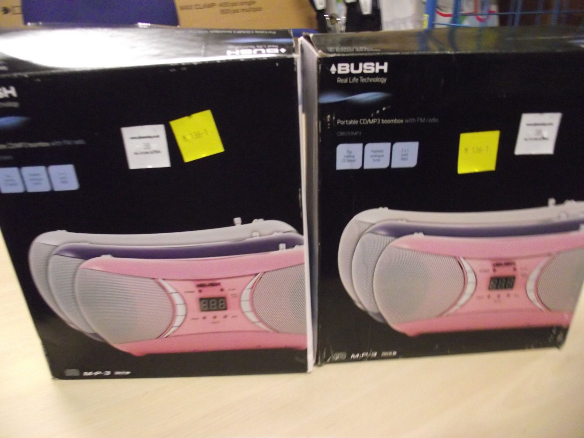 TWO PINK BUSH PORTABLE CD/MP3 BOOMBOXES WITH FM RADIO CBB193MP3  (#15)  (#19)