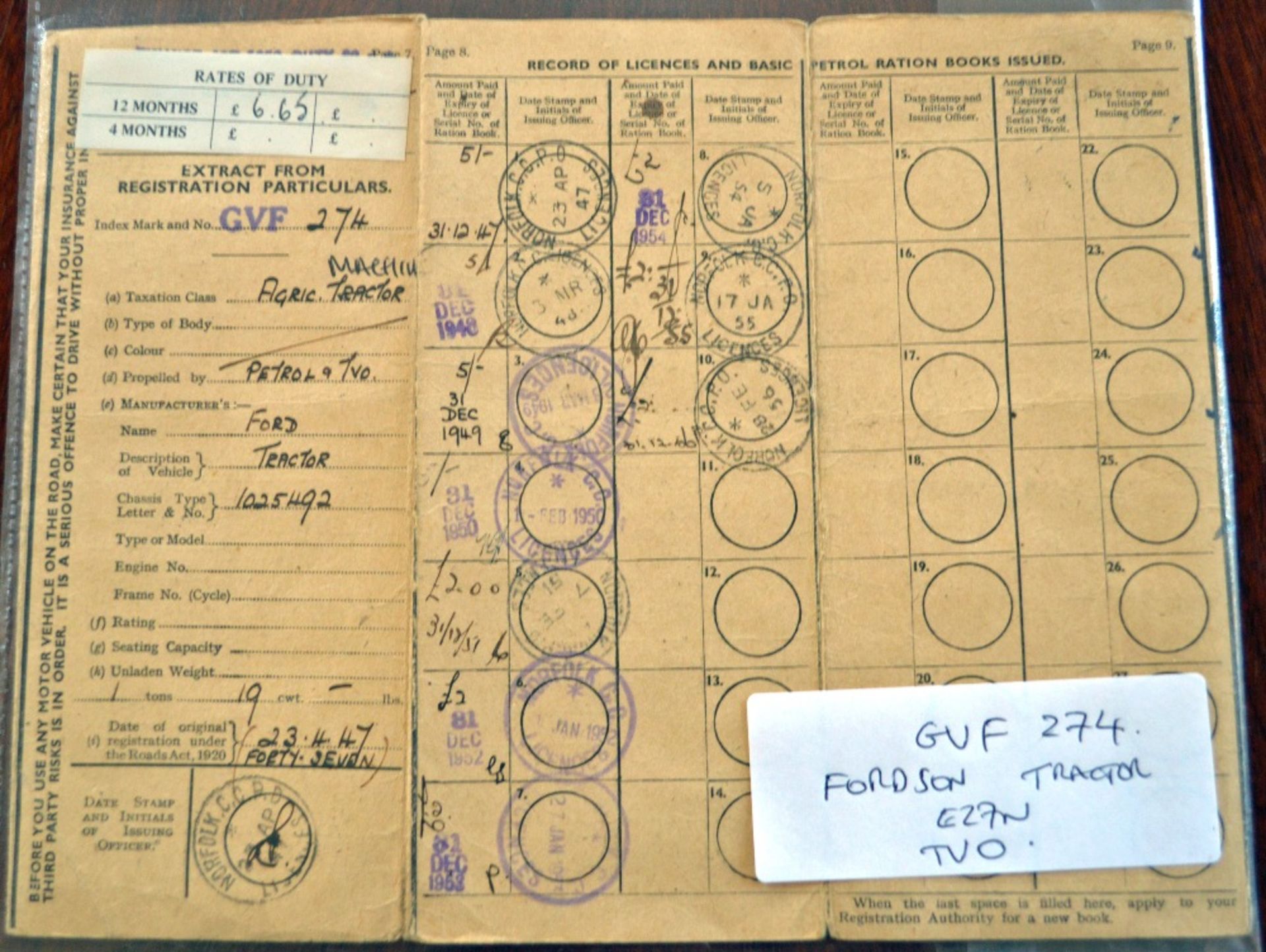 1 x RF60 Logbook for Fordson Tractor GVF