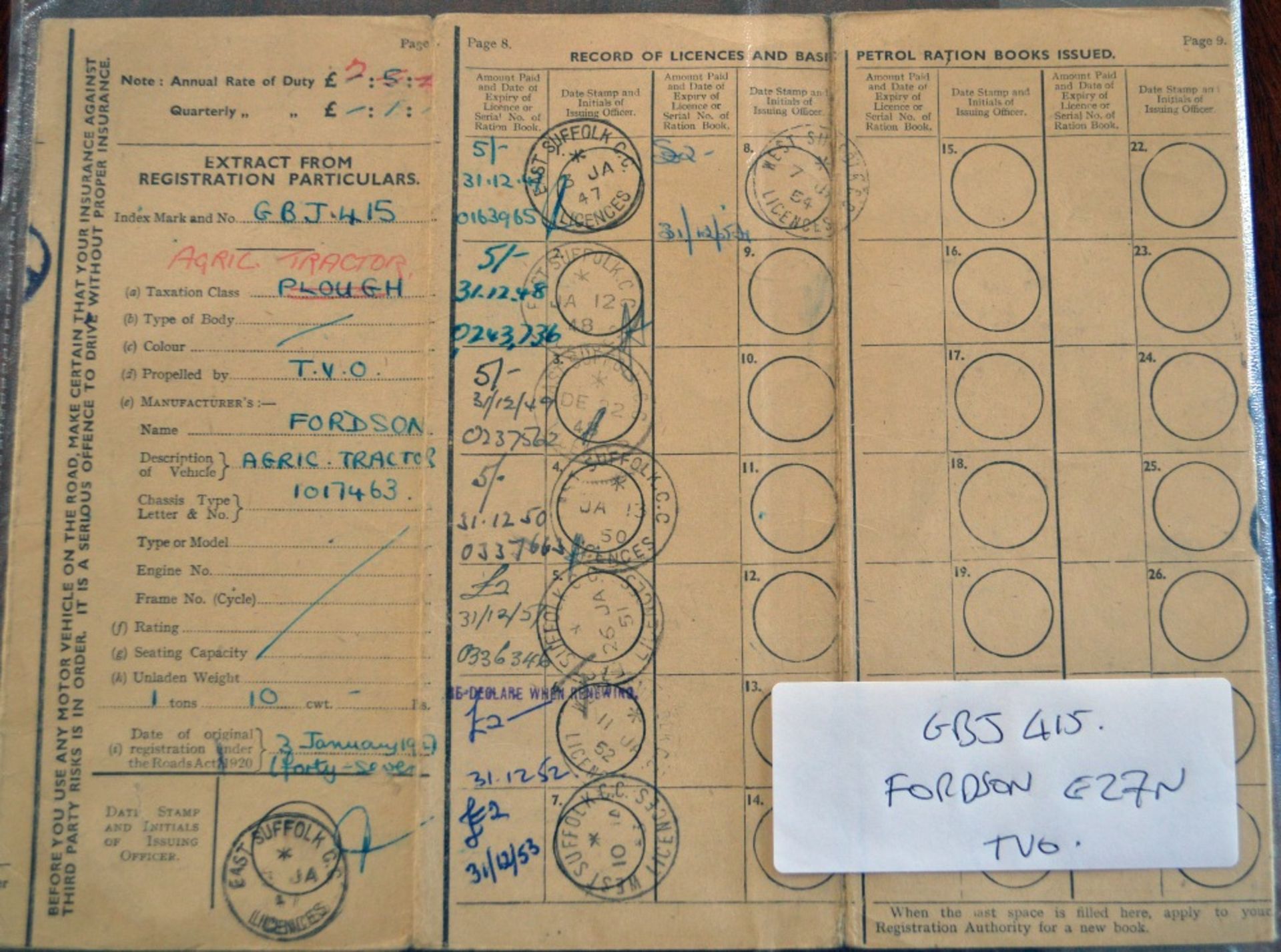 1 x RF60 Logbook for Fordson Tractor. GB