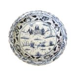 A Chinese blue and white charger with figure, bird and floral decoration, diameter 24''