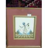 A picture of a lady of fashion dancing on a terrace, signed E. Gallois, 11'' x 9''