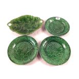 Three Victorian green leaf plates and a green fruit dish