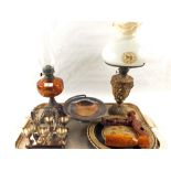 Iron base and gilt metal oil lamps, Silver plated egg cruet and other items