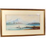 D.G. Rhham, watercolour of a continental lake scene with mountains 9'' x 21''