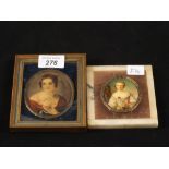 Two portrait miniatures of ladies, one painted and one printed in marble frame