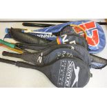 Various ball game racquets, snooker cue