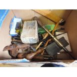 A box of woodworking tools including spo