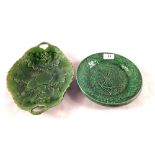 Three Victorian green leaf plates and a