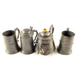 Three Pewter tankards and a Silver plated teapot